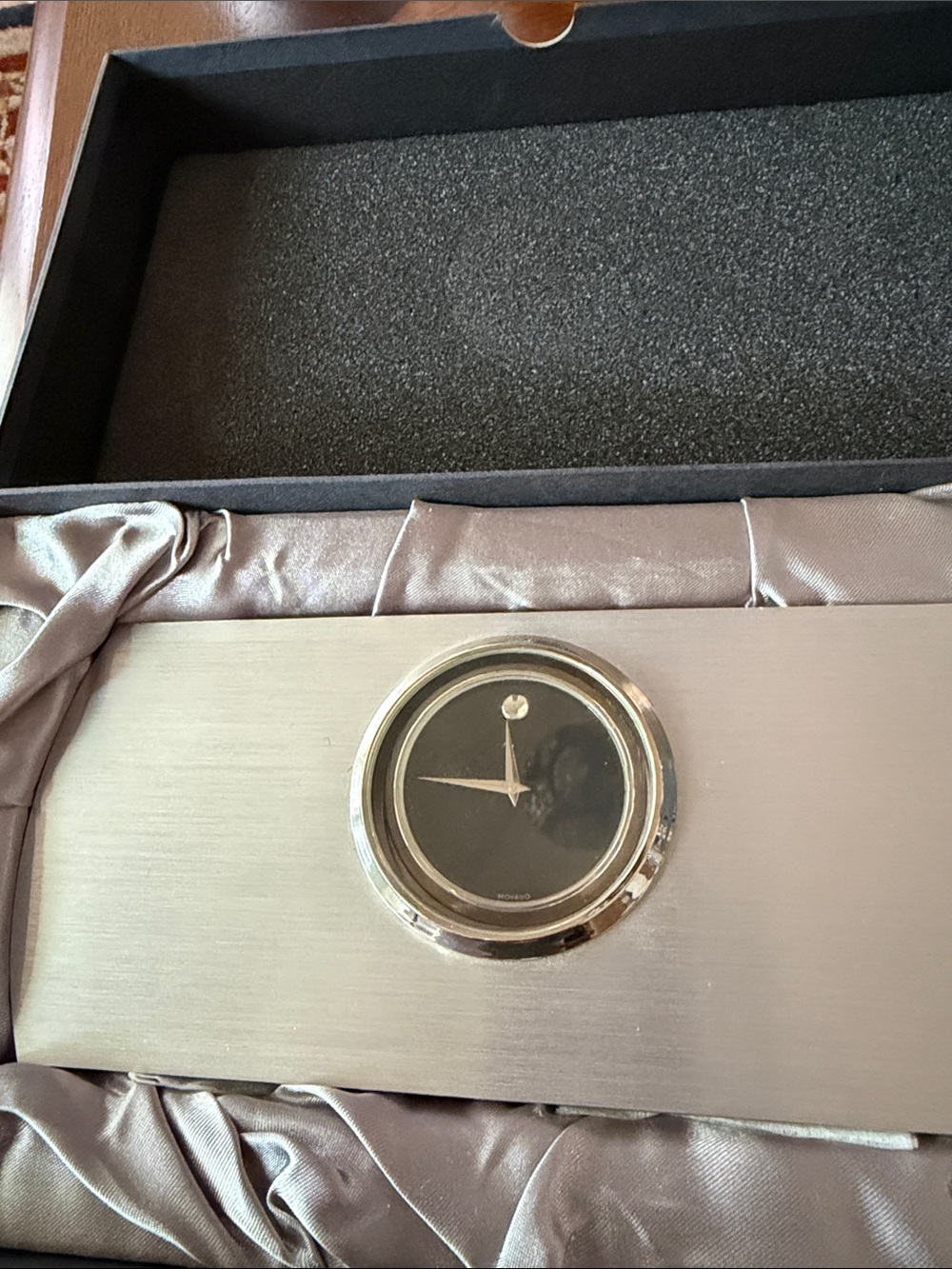 Movado Silver Brushed Metal Desk Clock with Black Dial